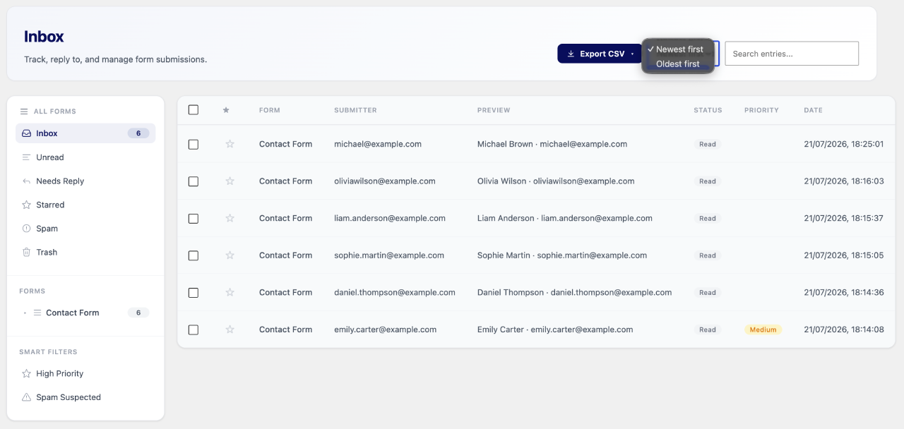 Neural forms inbox view with date filter