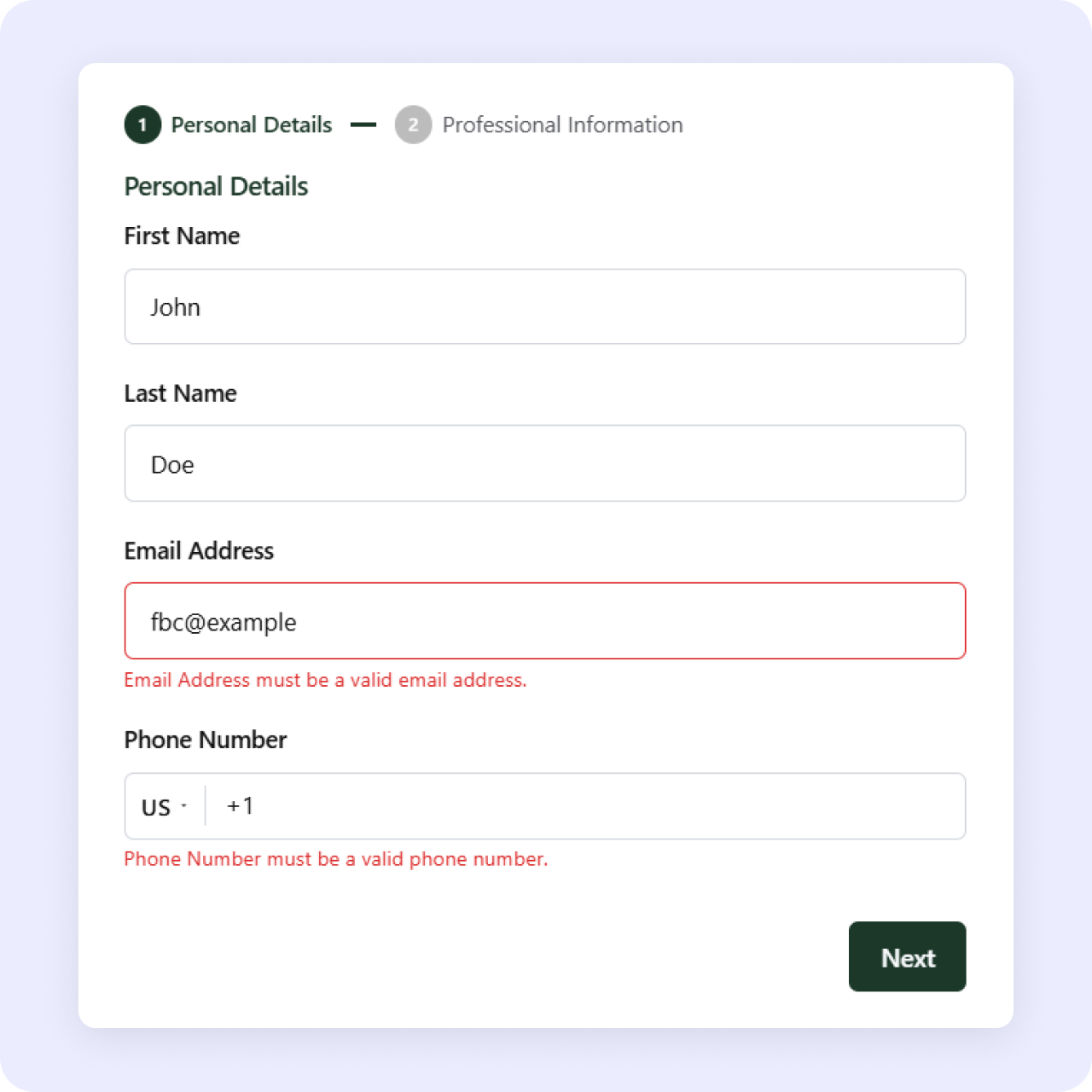 Neural Forms multi step form validation message