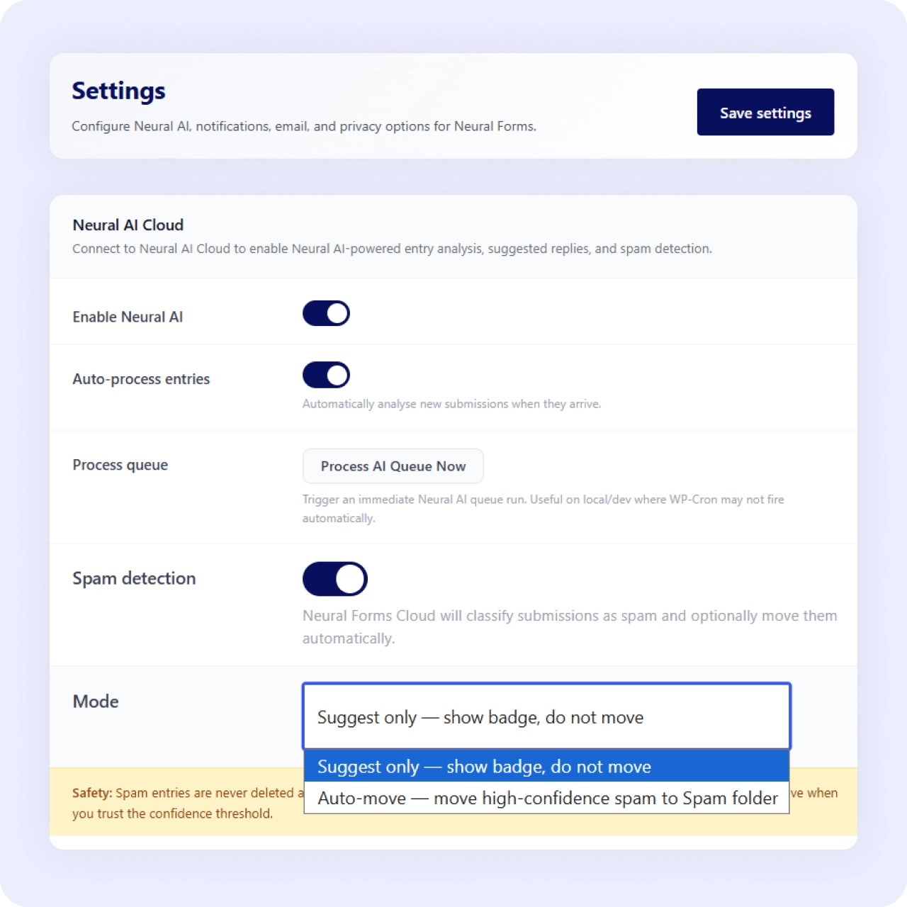 Neural Forms spam protection
